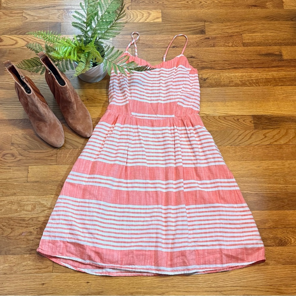 Old Navy Womens Medium Pink White Striped Spaghetti Strap Fit Flare Midi Dress